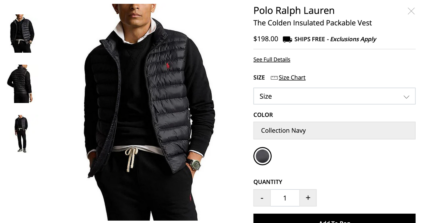 Ralph Lauren Men’s Quilted Down-Filled Puffer Vest with Hood, L
