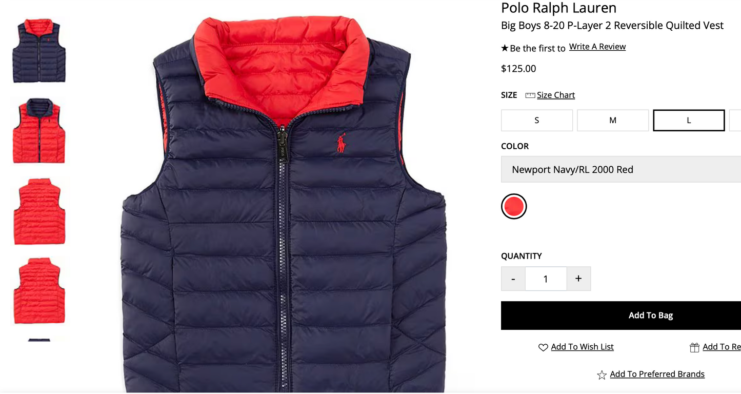 Ralph Lauren Men’s Reversible Quilted Vest; L