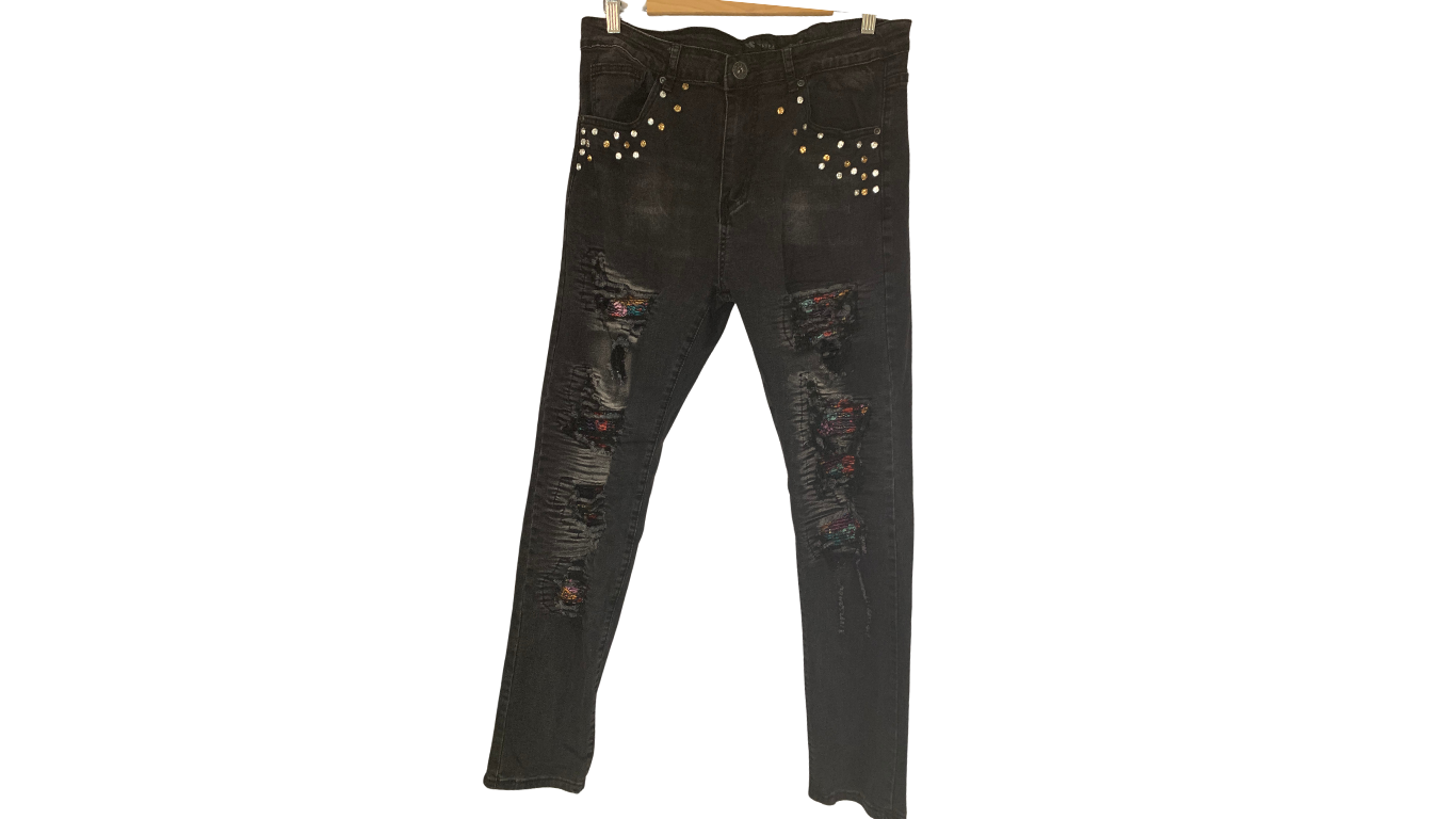 Distressed Black Studded Skinny Jeans, 36x32