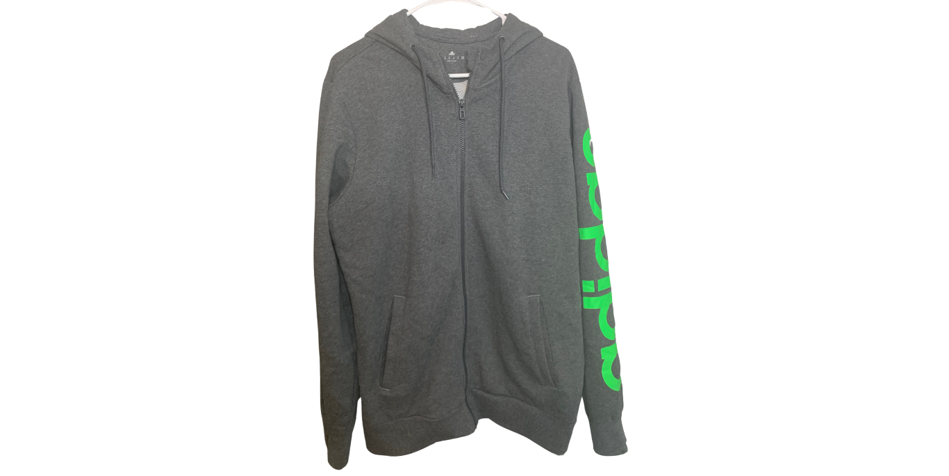 Adidas Essential Full-Zip Jacket, Charcoal Grey/Lime Green; M