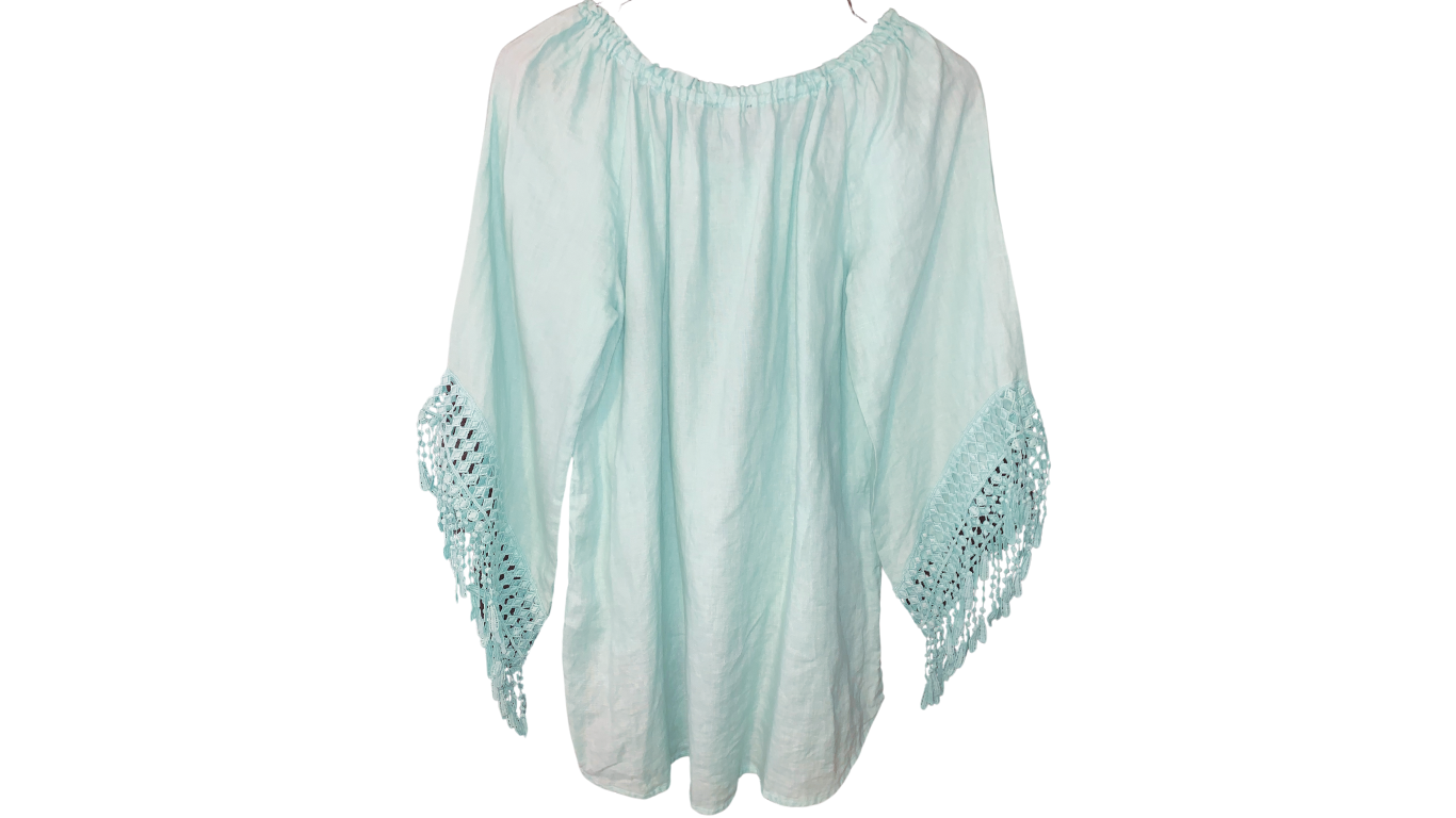Bohemian Seafoam Crochet Trim Tunic Top; S