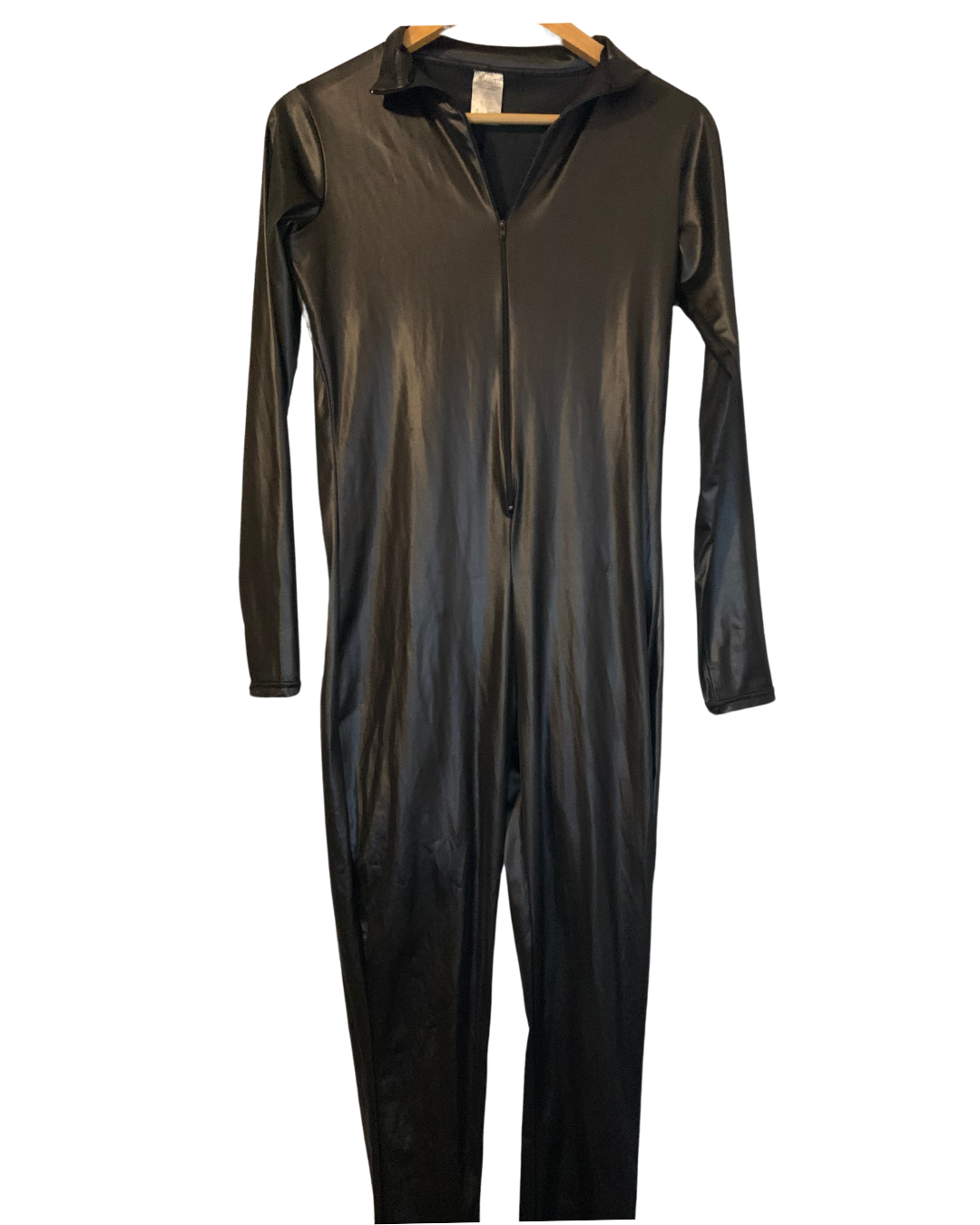 Sleek Black Faux Leather Full-Length Jumpsuit with Zipper Front; L