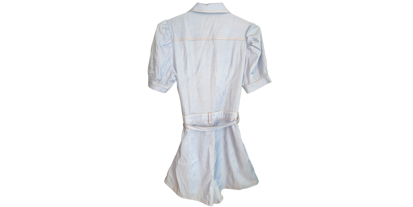 Light Blue Short-Sleeve Belted Romper; L