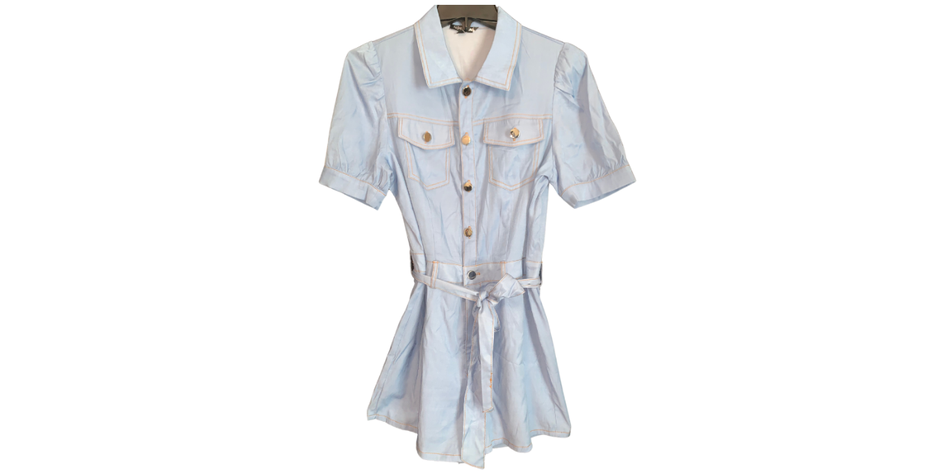 Light Blue Short-Sleeve Belted Romper; L