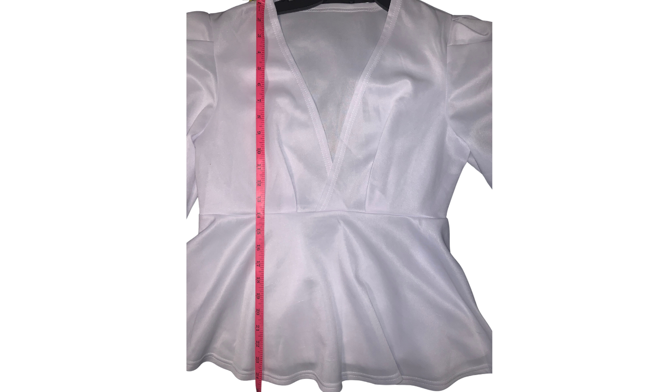 White V-Neck Blouse with Cinched Waist; L