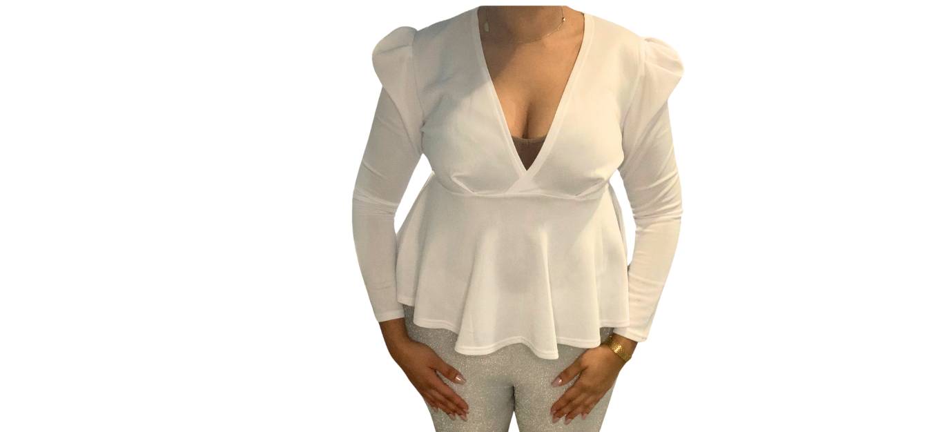 White V-Neck Blouse with Cinched Waist; L