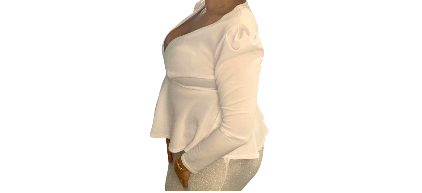 White V-Neck Blouse with Cinched Waist; L