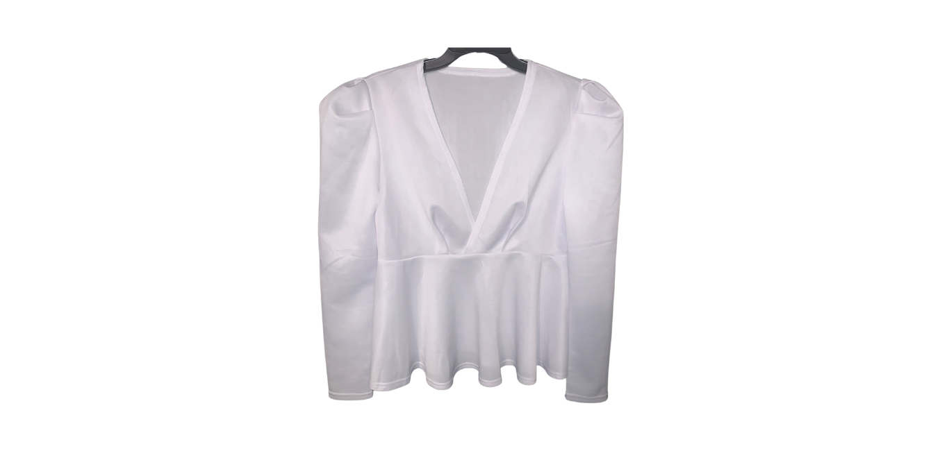 White V-Neck Blouse with Cinched Waist; L