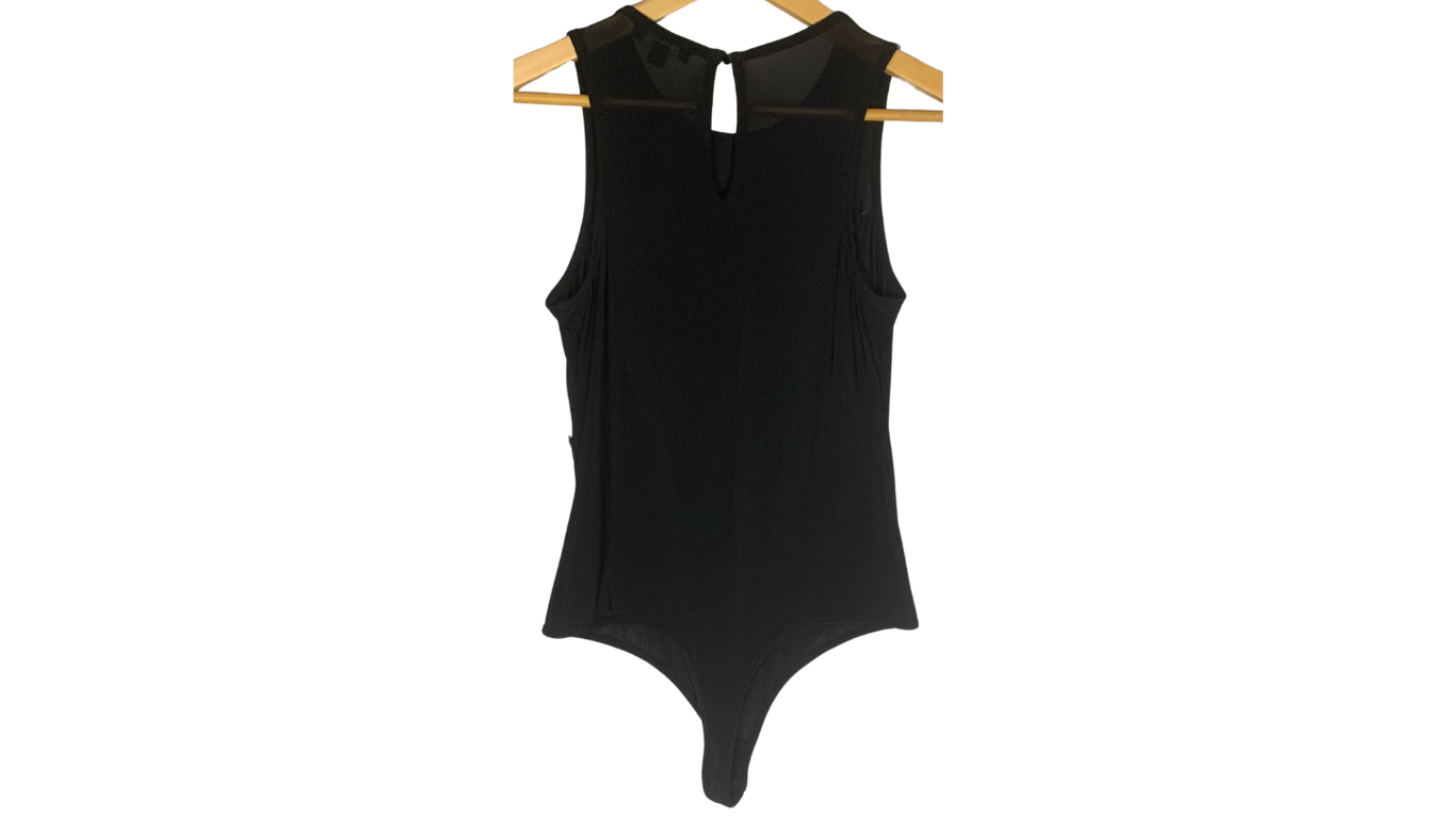Floral Embroidered Sheer Black Bodysuit, M