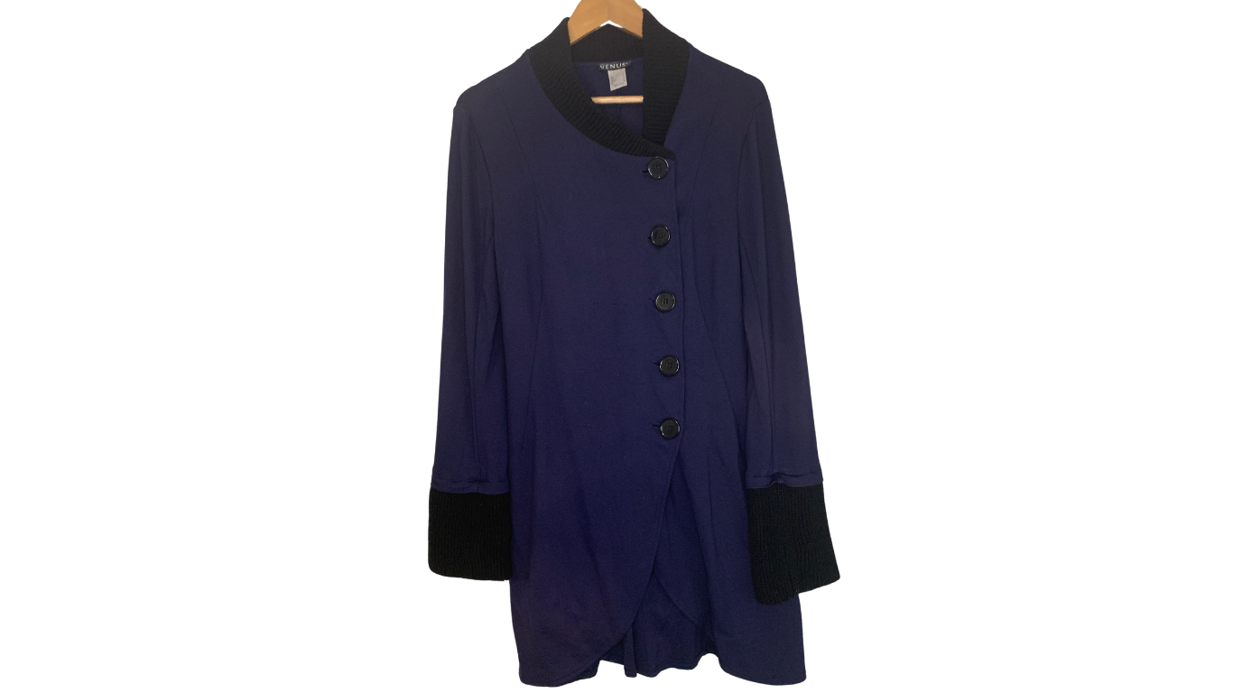 Navy Button-Front Cardigan with Wool Trim, M