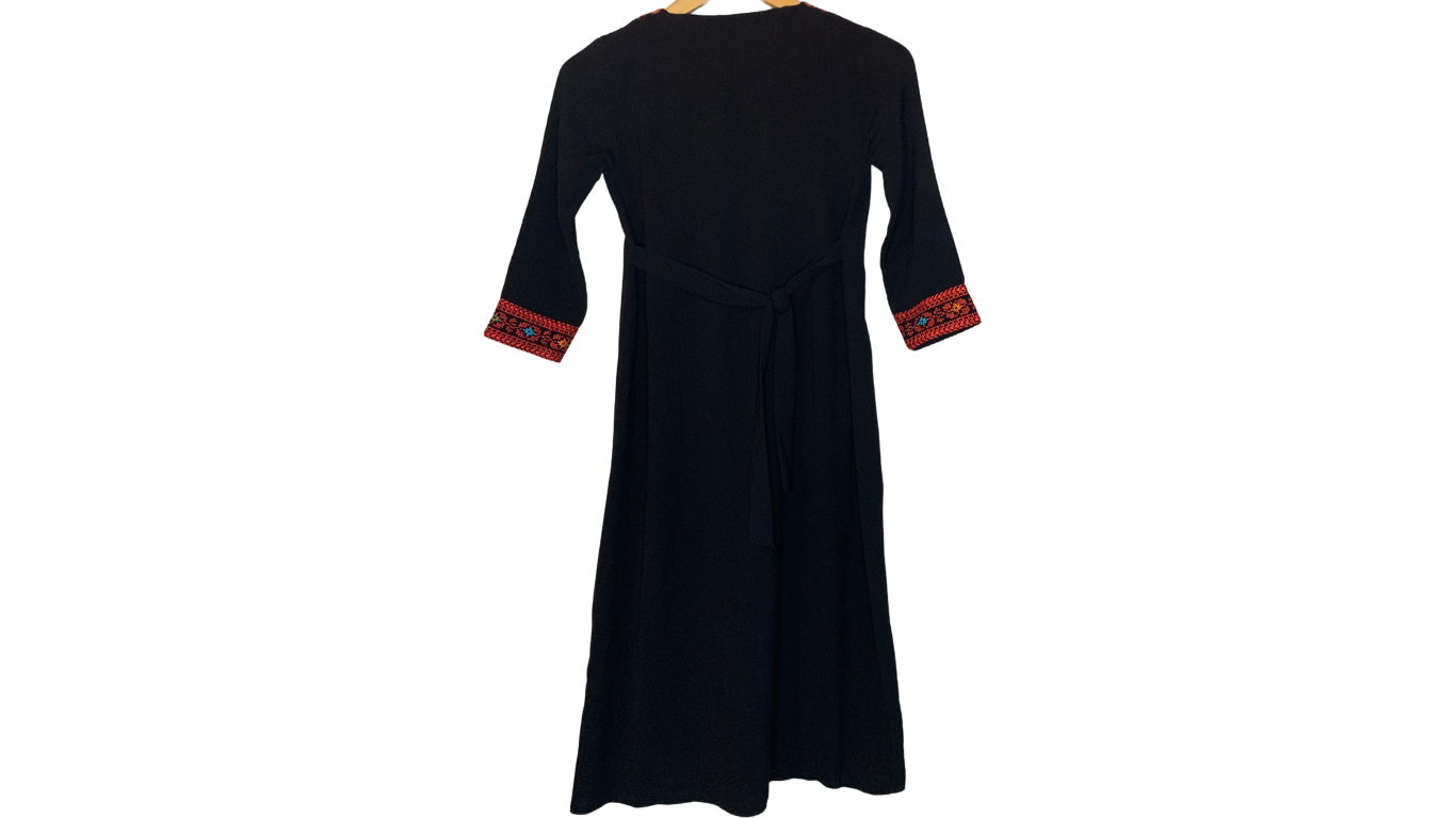Traditional Palestenian Black Embroidered Dress, XS