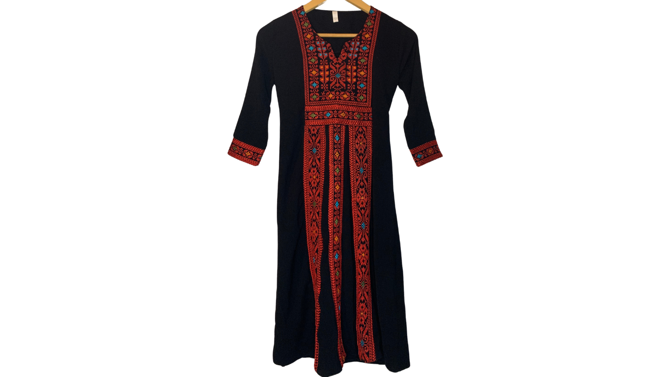 Traditional Palestenian Black Embroidered Dress, XS