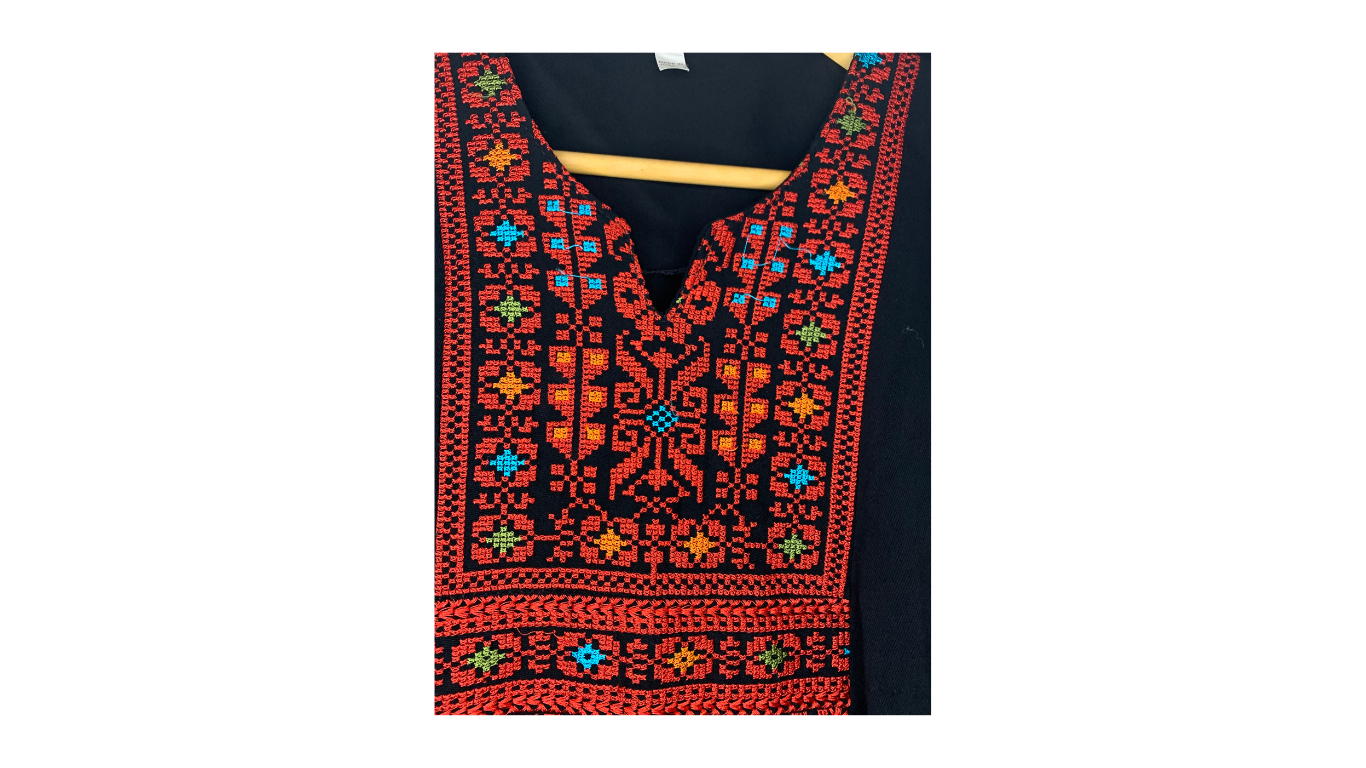 Traditional Palestenian Black Embroidered Dress, XS