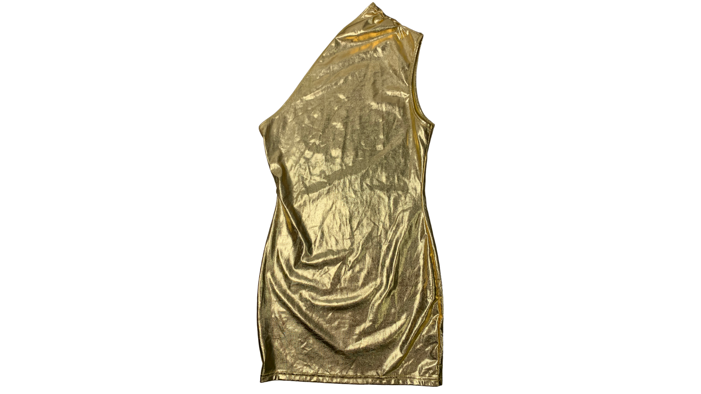 Dazzling Gold One-Shoulder Mini Dress, XS