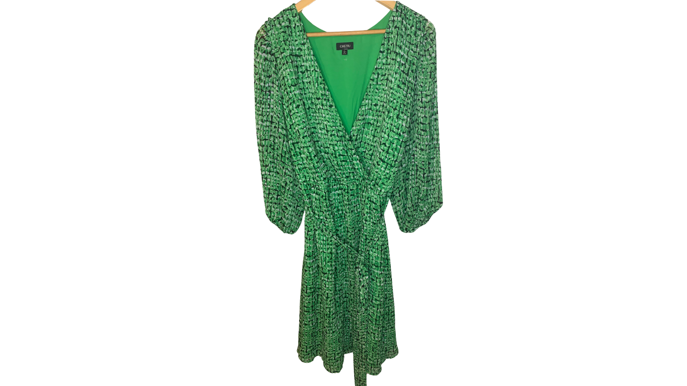 Green Wrap Dress with Abstract Print, 24