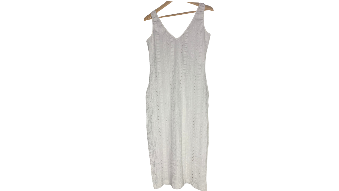 Elegant White Textured V-Neck Dress, L