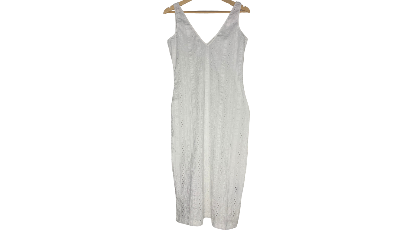 Elegant White Textured V-Neck Dress, L