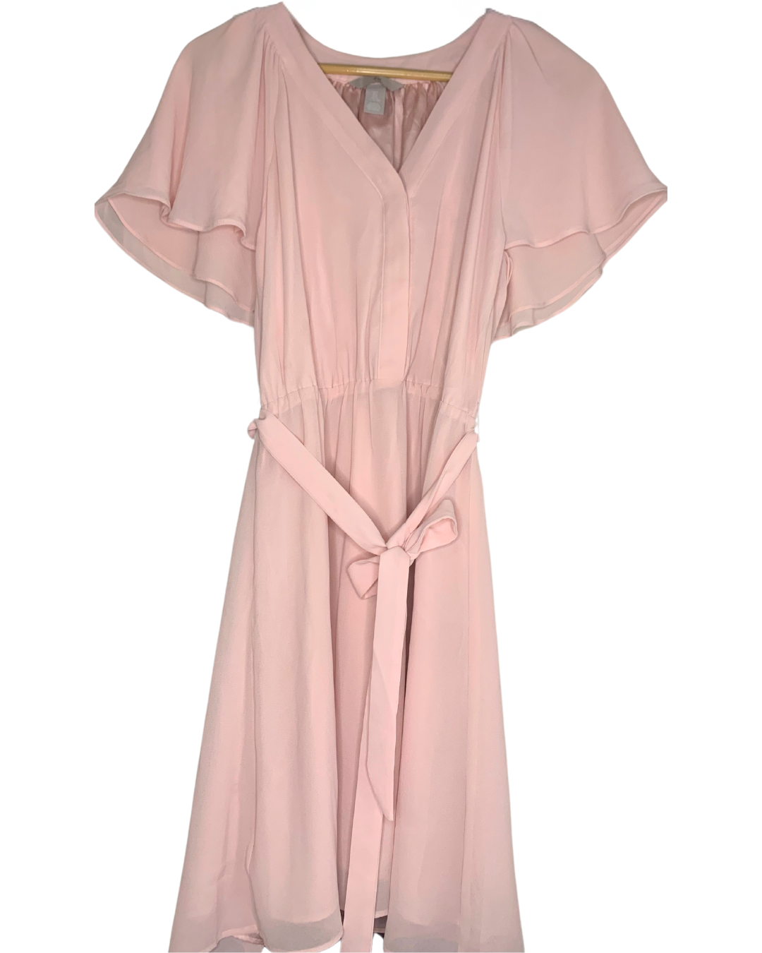 Blush Pink V-Neck Midi Dress with Waist Tie; S