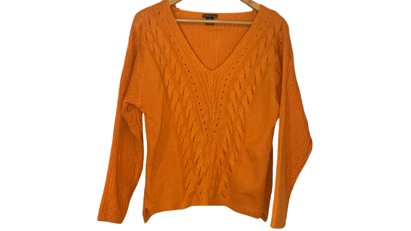 Vibrant Orange Cable Knit V-Neck Sweater, 2x/3x