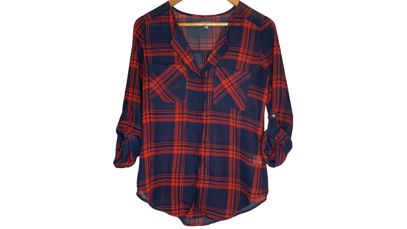 Plaid Roll-Tab Sleeve Shirt, S