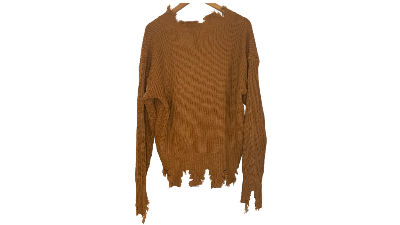 Distressed Rich Brown Fringe Sweater, 2X/3X