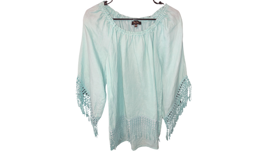 Bohemian Seafoam Crochet Trim Tunic Top; S