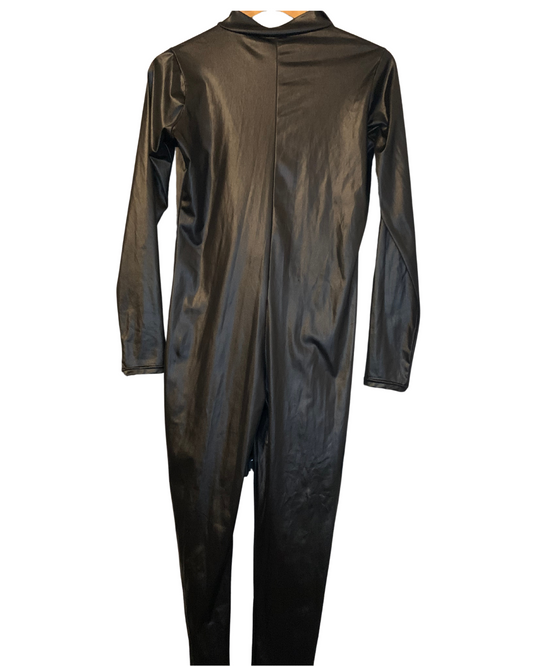 Sleek Black Faux Leather Full-Length Jumpsuit with Zipper Front; L