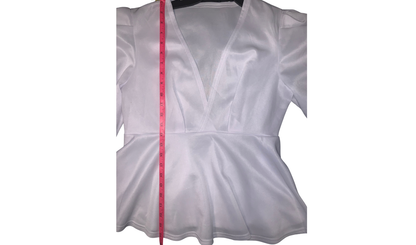 White V-Neck Blouse with Cinched Waist; L