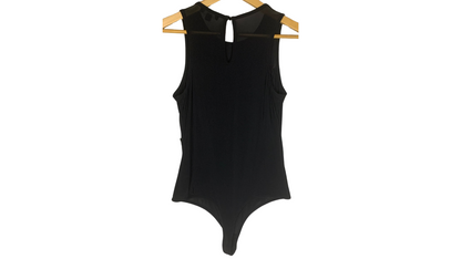 Floral Embroidered Sheer Black Bodysuit, M