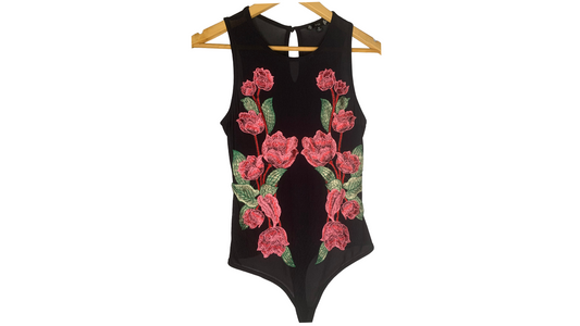 Floral Embroidered Sheer Black Bodysuit, M
