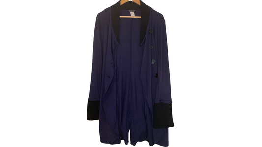 Navy Button-Front Cardigan with Wool Trim, M