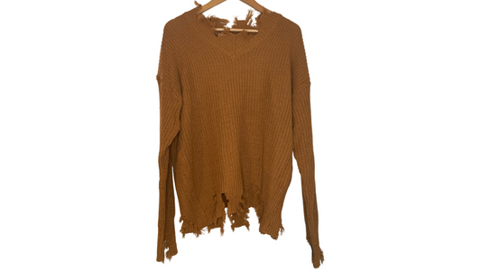 Distressed Rich Brown Fringe Sweater, 2X/3X